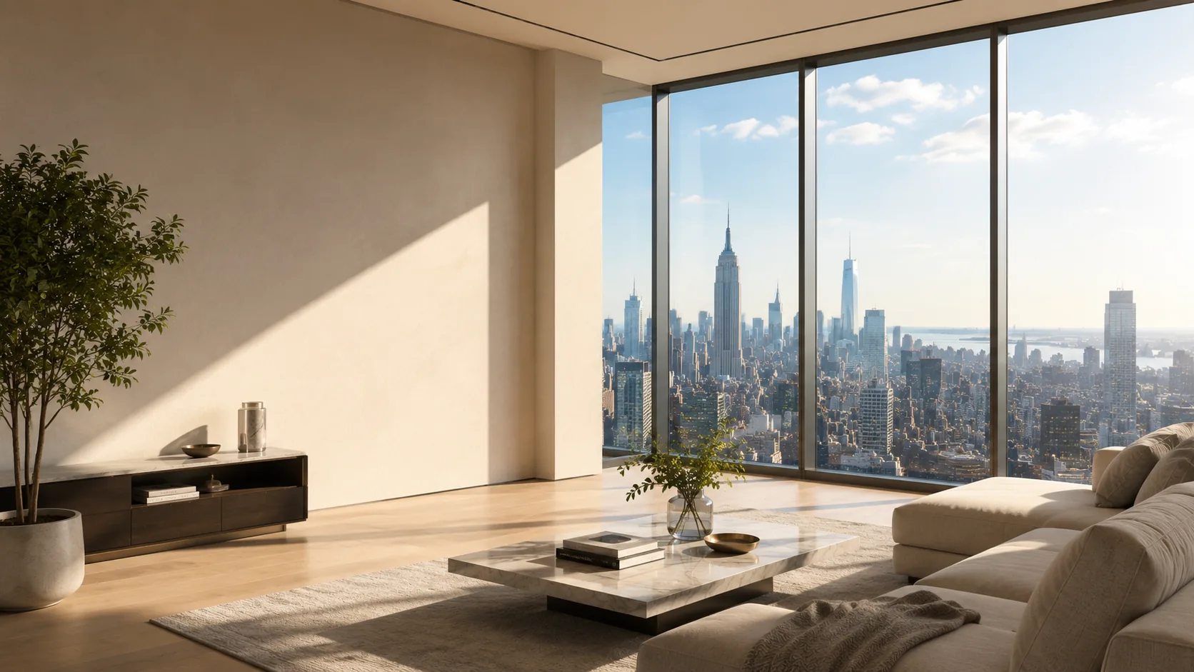Bright luxury living room with floor-to-ceiling windows overlooking a city skyline in morning light